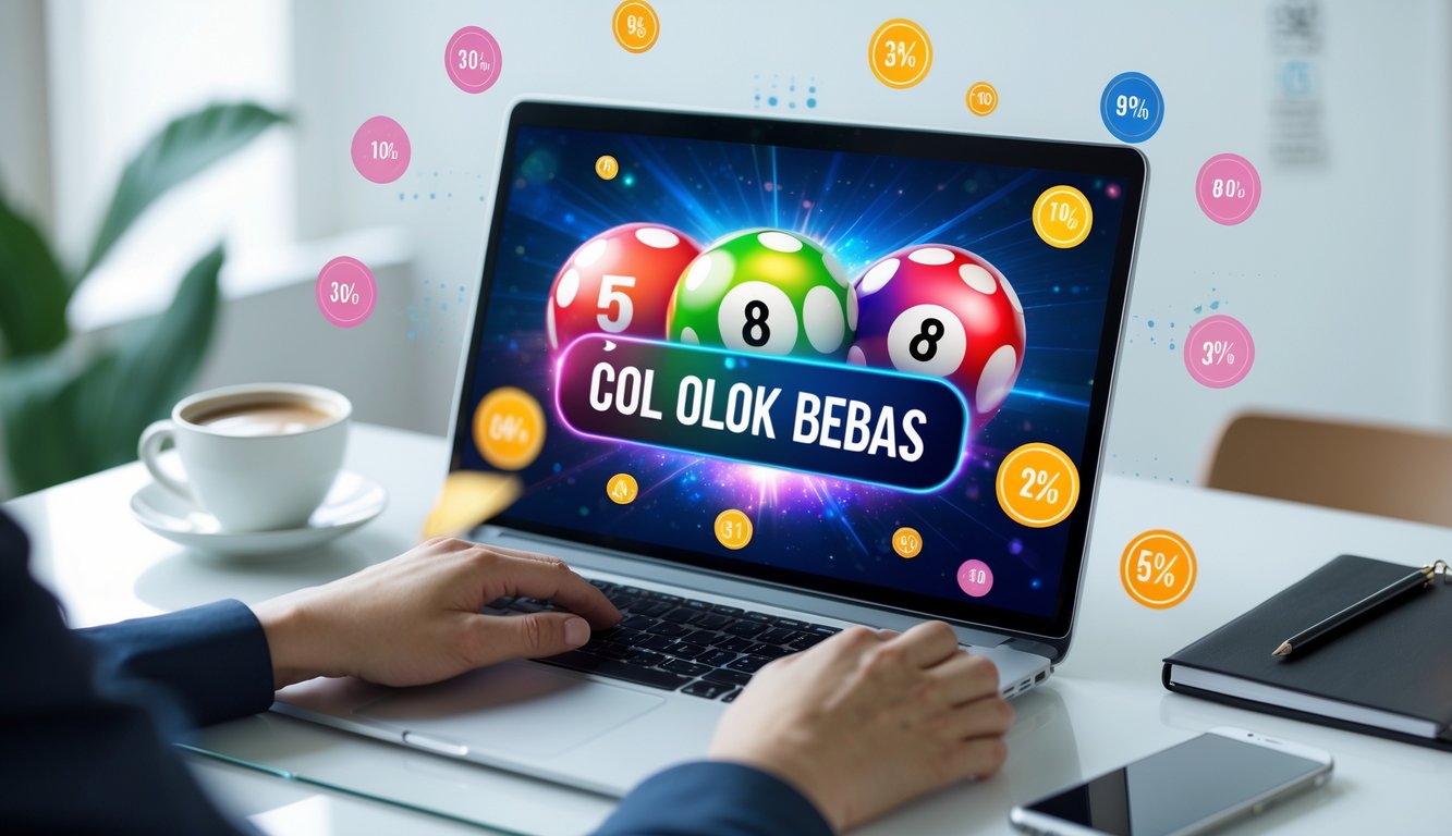 Seorang pria menggunakan laptop di meja kerja dengan layar menampilkan angka dan bola lotre, dikelilingi oleh simbol diskon di ruang kerja yang bersih dan terang.