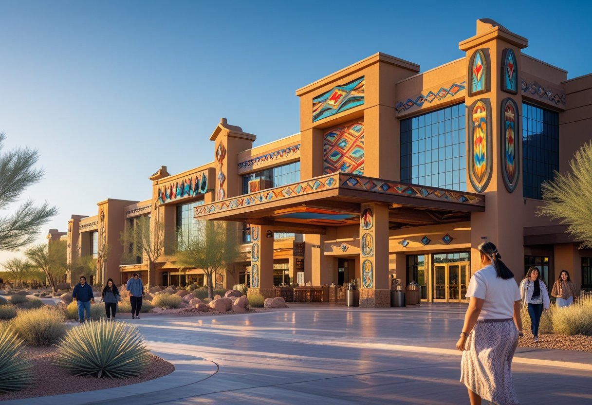 Exterior view of a modern Native American casino resort with traditional design elements and people around the entrance.