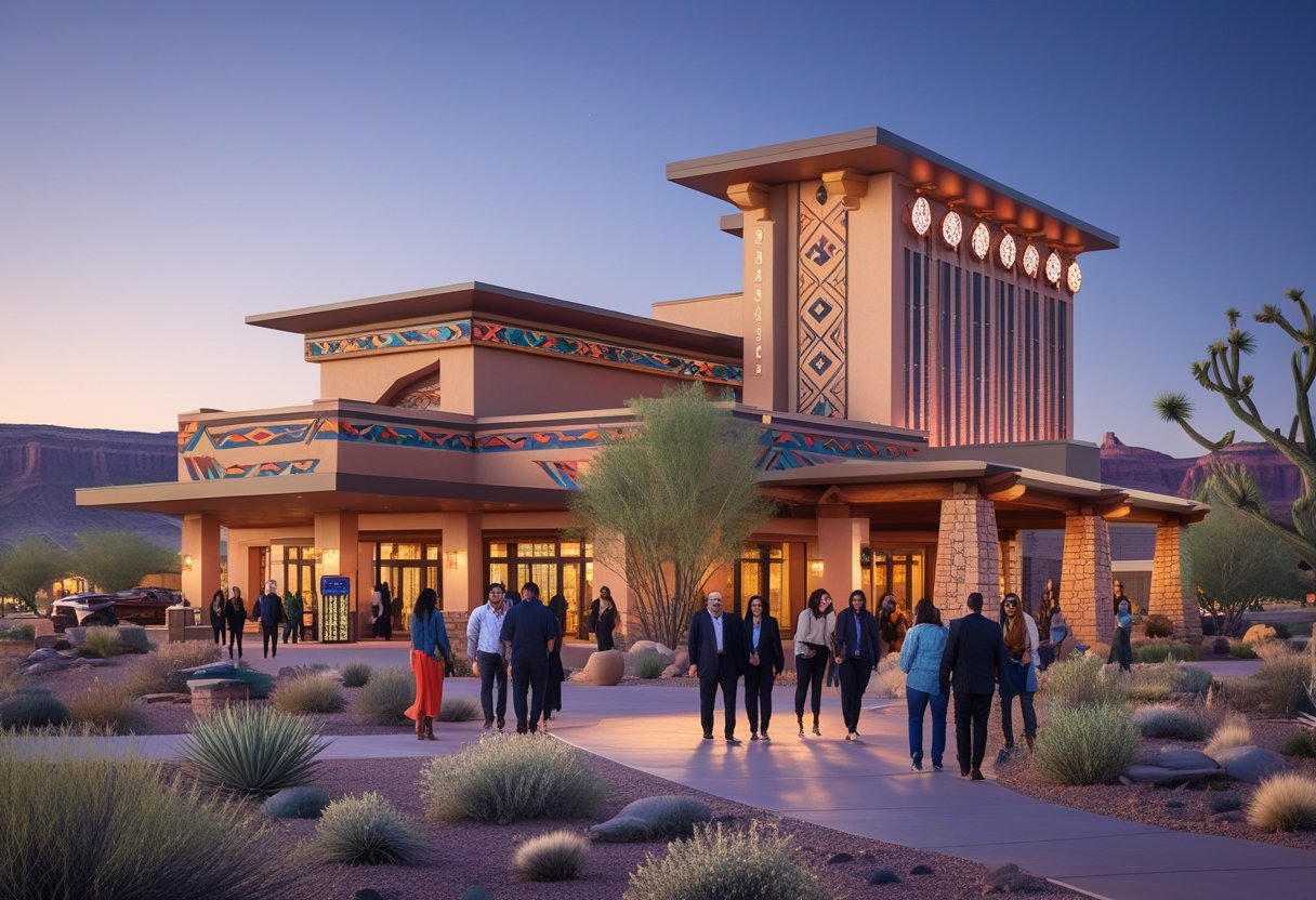 A modern Native American casino resort at twilight with visitors entering and desert mountains in the background.