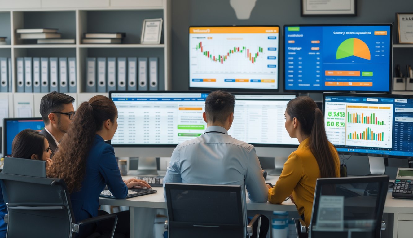 Suasana kantor agen judi togel dengan orang-orang bekerja di depan komputer, menampilkan data pasar lengkap dan lingkungan yang profesional.
