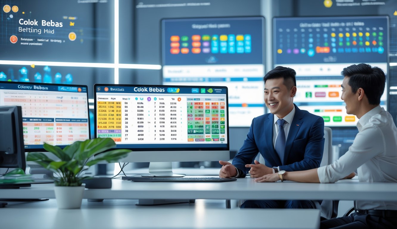 Seorang agen judi togel sedang berbicara dengan klien di kantor modern dengan layar komputer yang menampilkan angka togel dan grafik peluang.