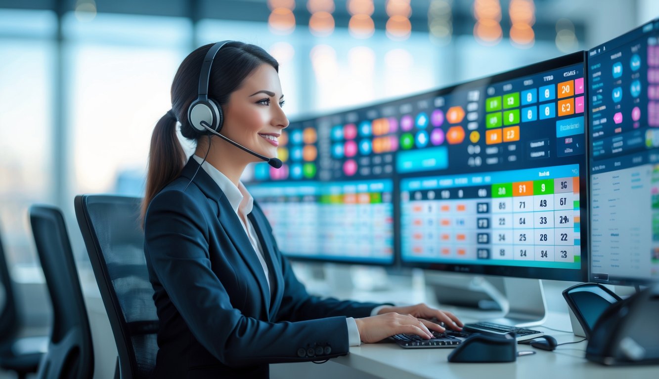 Seorang perwakilan layanan pelanggan profesional duduk di depan komputer dengan tampilan angka lotre dan grafik di layar, di ruang kantor modern yang terang.