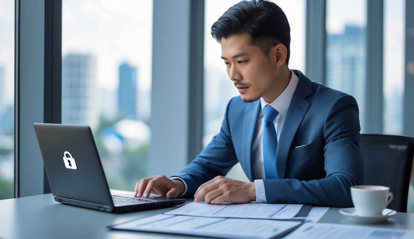Seorang pria Asia Tenggara duduk di meja kantor modern, meninjau dokumen dan menggunakan laptop dengan latar belakang pemandangan kota.