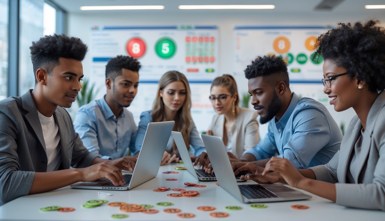 Orang-orang sedang menggunakan laptop dan ponsel di kantor modern untuk bermain judi togel secara online.