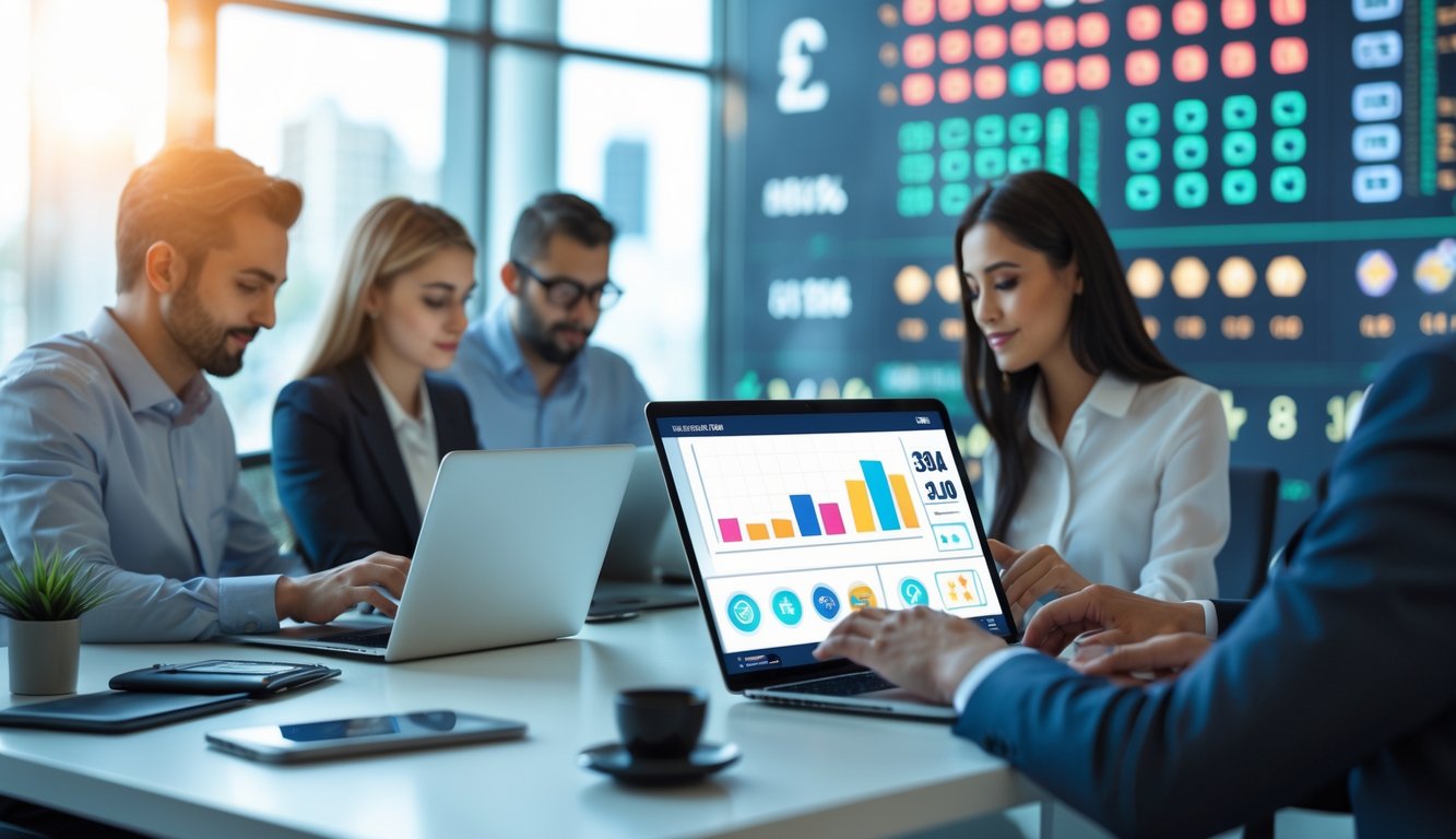 Orang-orang sedang menggunakan laptop dan ponsel di kantor modern dengan layar yang menampilkan grafik dan angka terkait lotere.