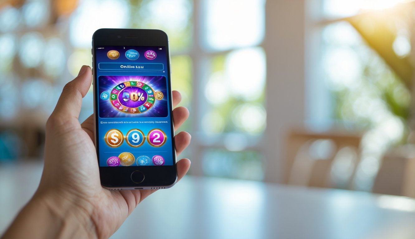 Seseorang memegang ponsel dengan layar menampilkan aplikasi judi togel online di latar belakang ruangan yang terang.