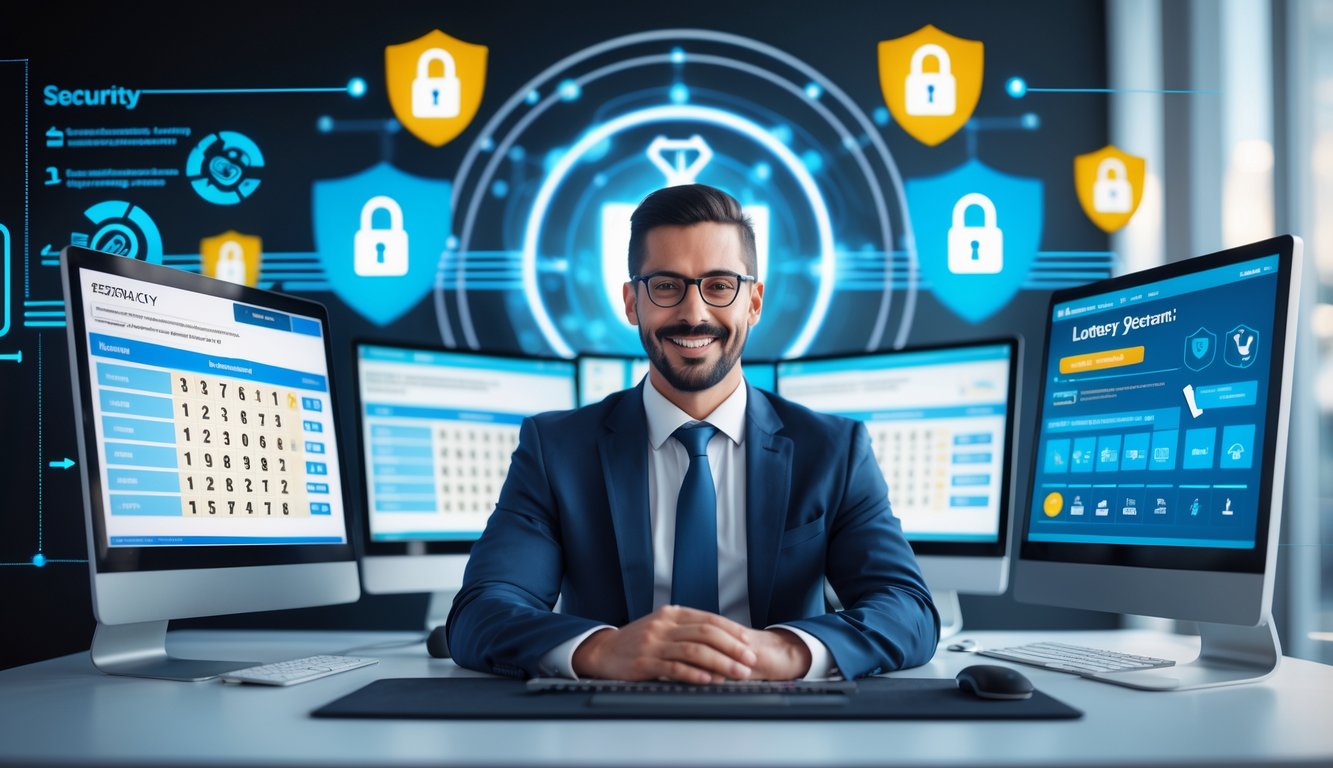 Seorang profesional duduk di depan komputer dengan layar yang menampilkan angka lotre dan ikon keamanan digital, menggambarkan agen judi togel yang terpercaya dan aman.