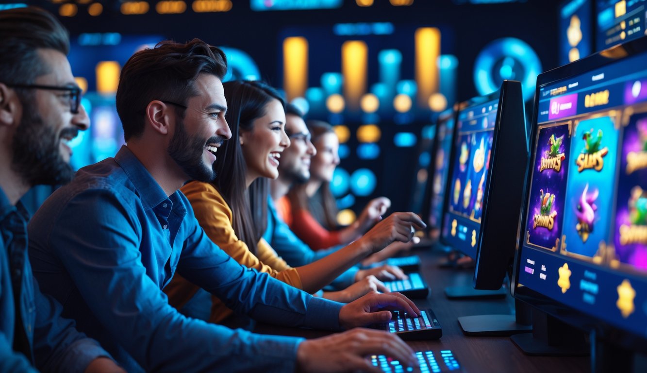 Orang-orang bermain permainan slot fantasi di komputer dan ponsel di lingkungan kasino online yang modern dan cerah.