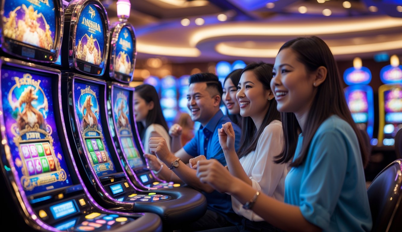 Beberapa pemain Indonesia sedang bermain mesin slot bertema fantasi di dalam kasino modern yang terang dan ramai.