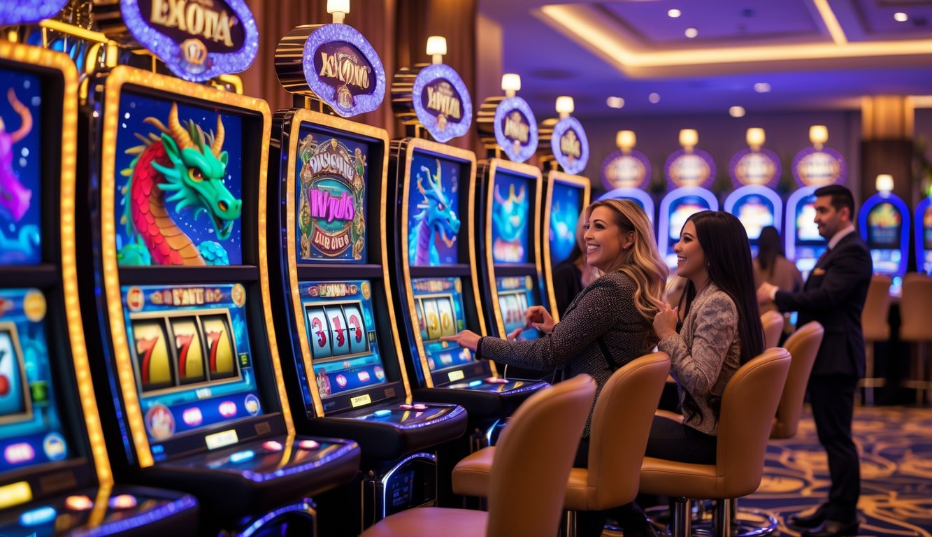 Suasana kasino modern dengan mesin slot bertema fantasi yang berwarna-warni dan beberapa pemain yang sedang bermain.