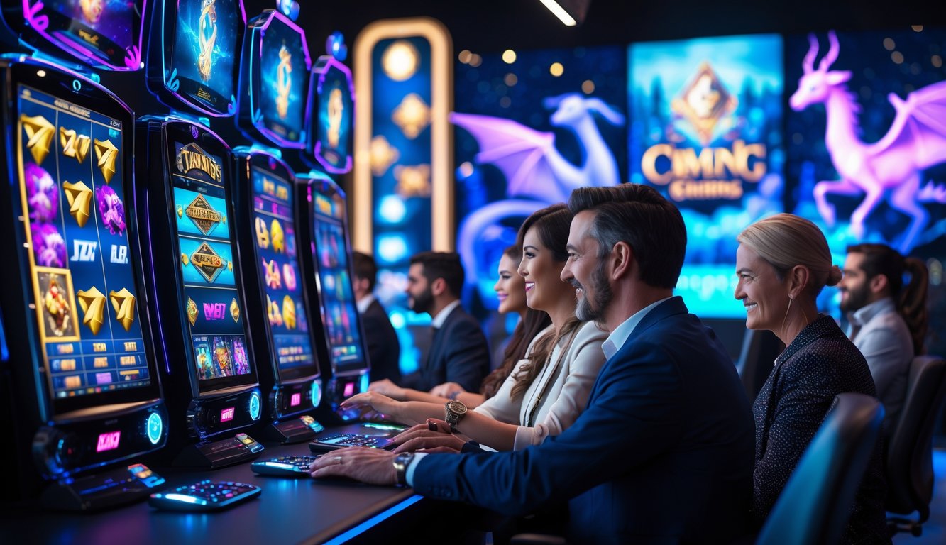 Orang-orang bermain mesin slot fantasi secara online di ruangan modern dengan suasana profesional dan cerah.