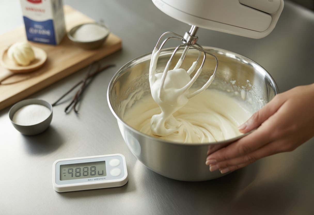Pessoa batendo creme de leite em uma tigela com um mixer e um termômetro de cozinha ao lado, mostrando o processo de fazer chantilly.