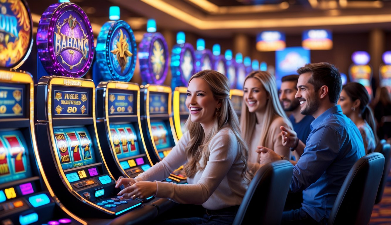 Beberapa pemain sedang menikmati mesin slot bertema fantasi di kasino dengan suasana yang hidup dan penuh semangat.