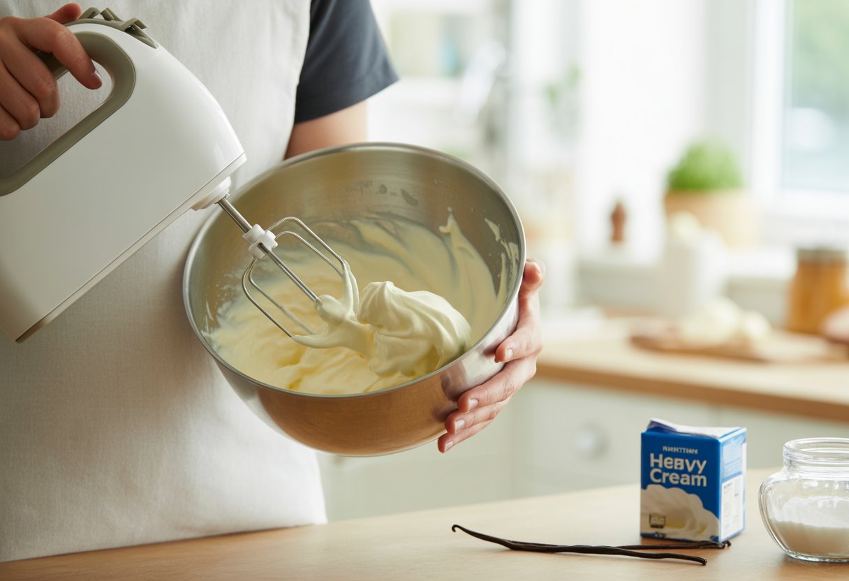 Pessoa preparando chantilly em uma tigela de metal na cozinha, usando um batedor elétrico.