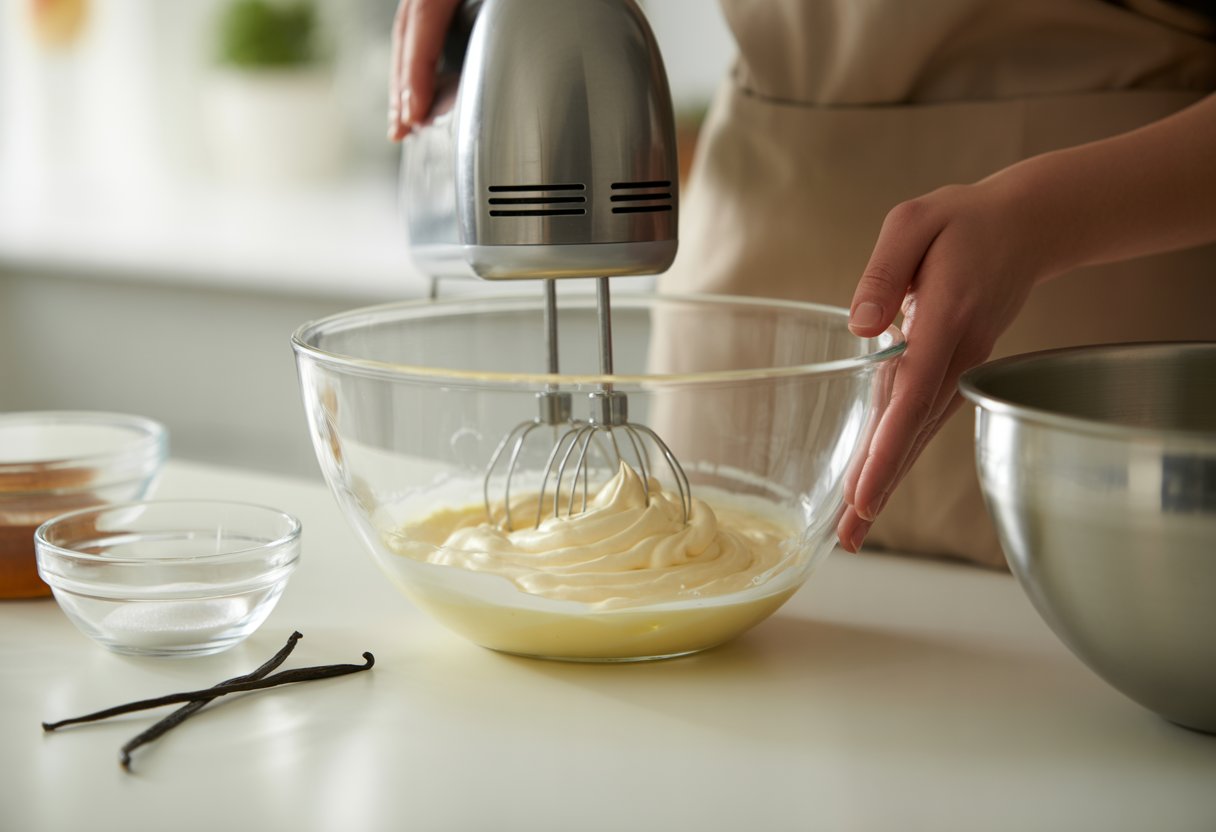 Mãos batendo creme em uma tigela de vidro em uma cozinha iluminada, com ingredientes para chantilly ao redor.