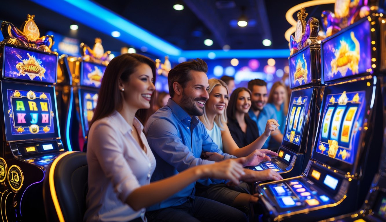 Orang-orang bermain mesin slot bertema fantasi di kasino modern dengan suasana cerah dan menyenangkan.