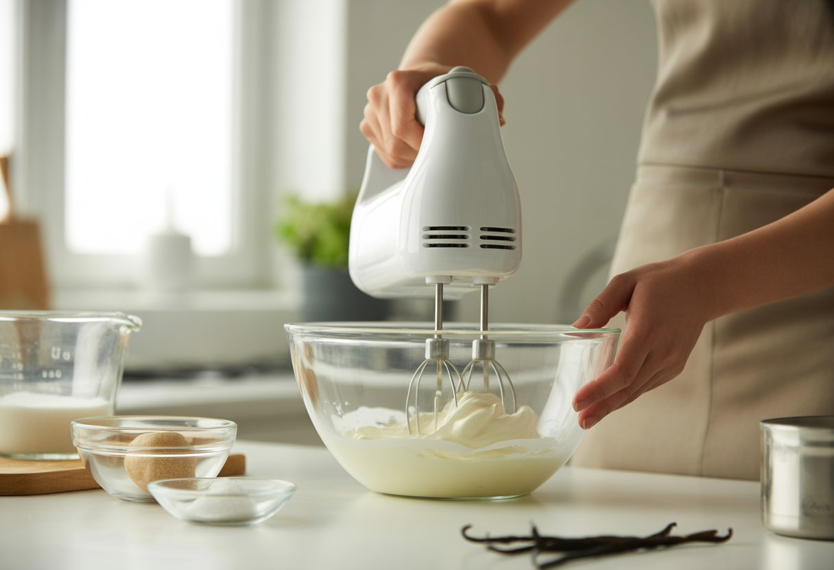 Mãos batendo creme fresco com batedeira em uma tigela de vidro em uma cozinha iluminada.