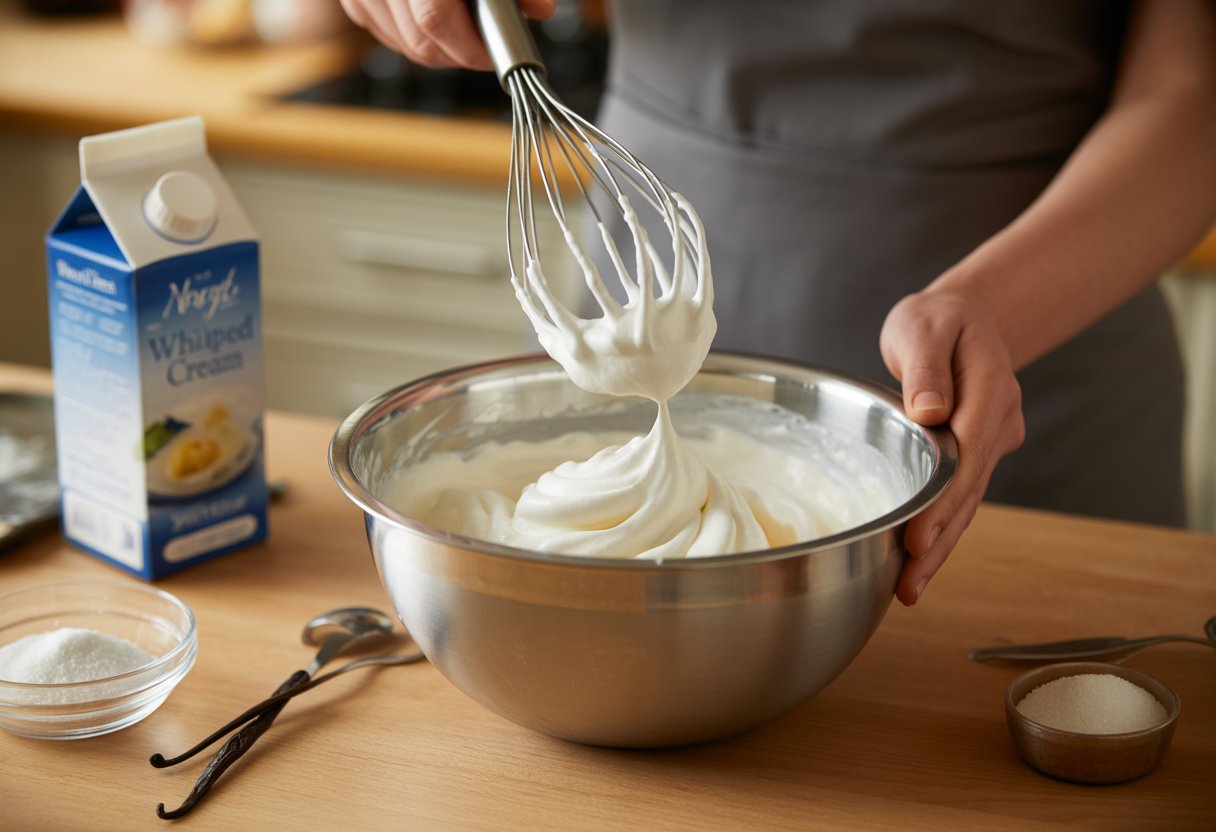 Mão segurando um batedor de arame levantando chantilly em uma tigela de metal em uma cozinha com ingredientes ao redor.