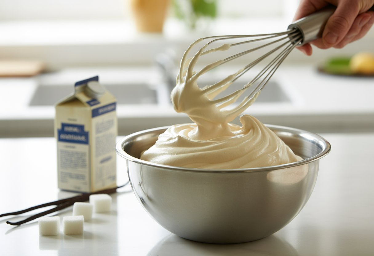 Mão batendo chantilly em uma tigela de metal em uma cozinha clara com ingredientes ao redor.