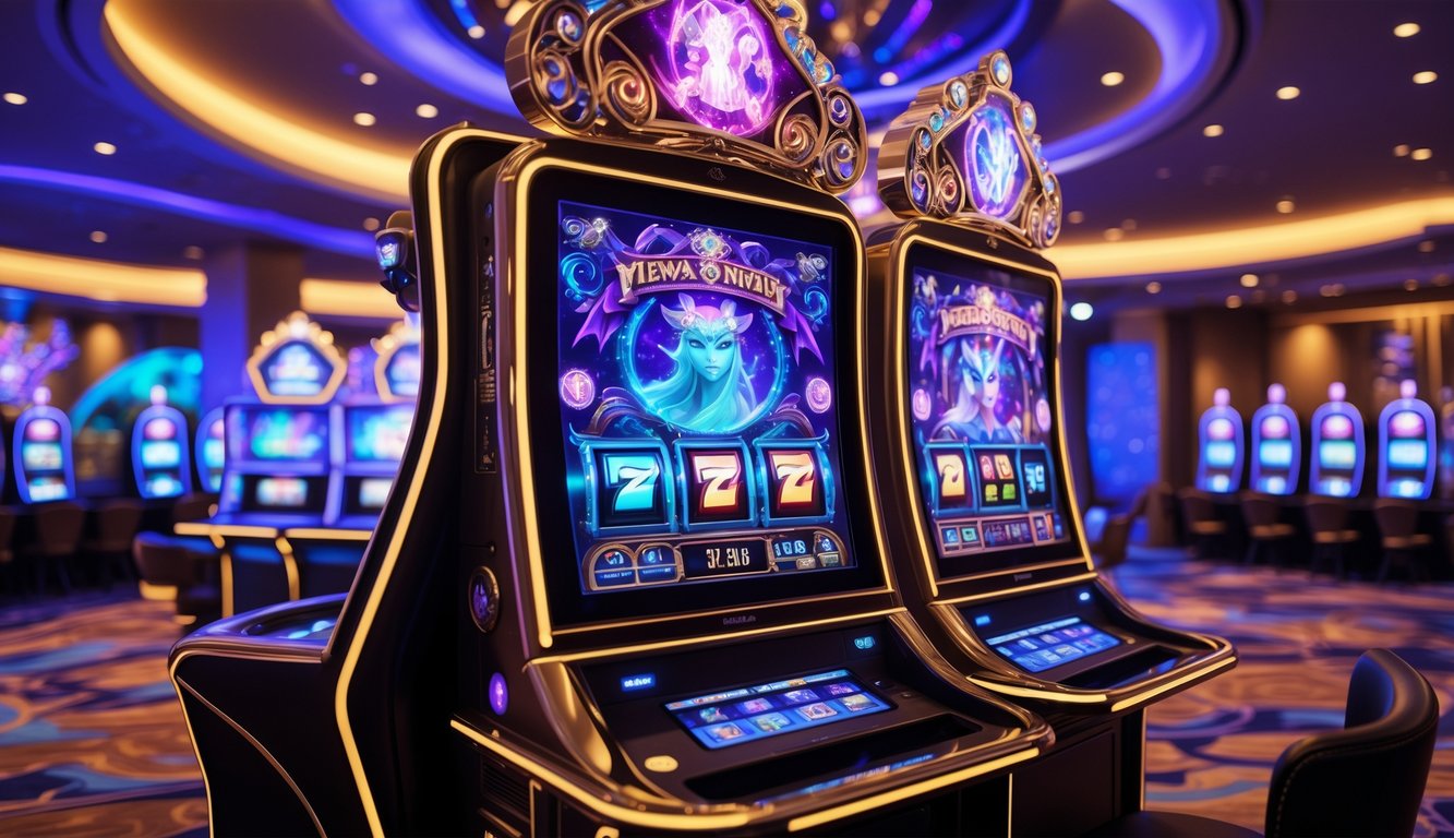 Mesin slot digital dengan tema fantasi di dalam kasino modern yang mewah dengan pencahayaan warna-warni.