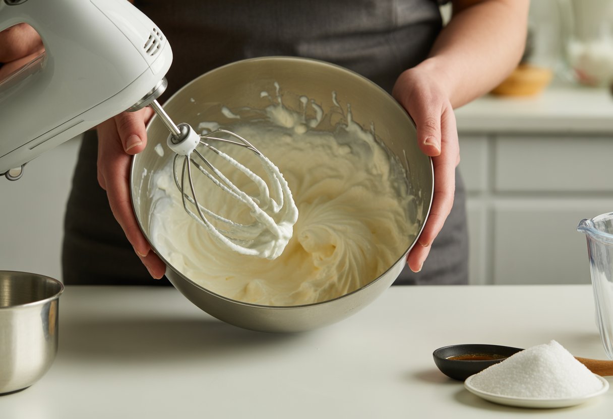 Mãos segurando uma tigela de metal com chantilly sendo batido em uma cozinha com ingredientes ao fundo.