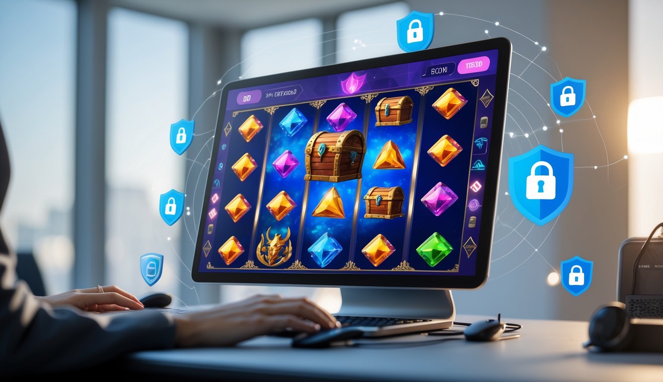 Layar perangkat menampilkan permainan slot fantasi dengan simbol warna-warni dan elemen keamanan digital di sekitarnya.