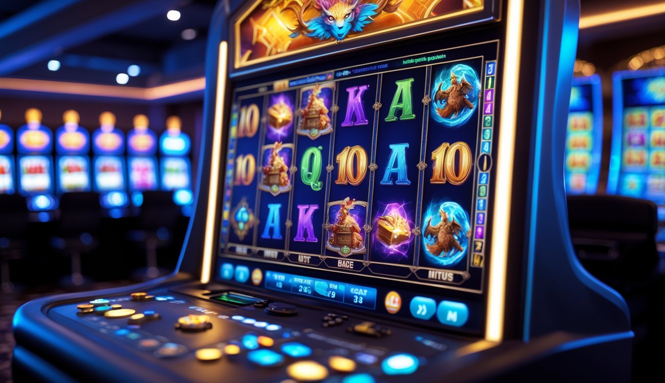 Suasana ruang permainan dengan layar komputer menampilkan mesin slot bertema fantasi dan simbol kemenangan yang cerah.