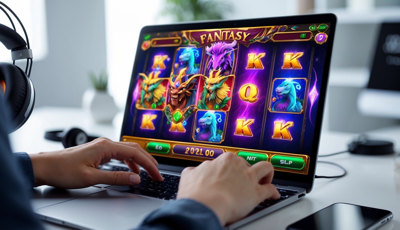 Seseorang sedang bermain game slot fantasi di komputer dengan latar ruangan rumah atau kantor yang rapi.