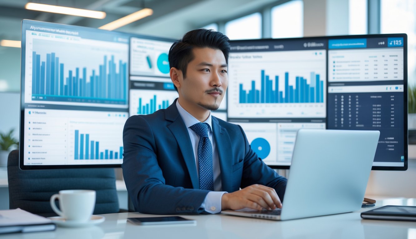 Seorang pria Asia berpakaian rapi sedang menganalisis data dan grafik di kantor modern dengan beberapa layar komputer.
