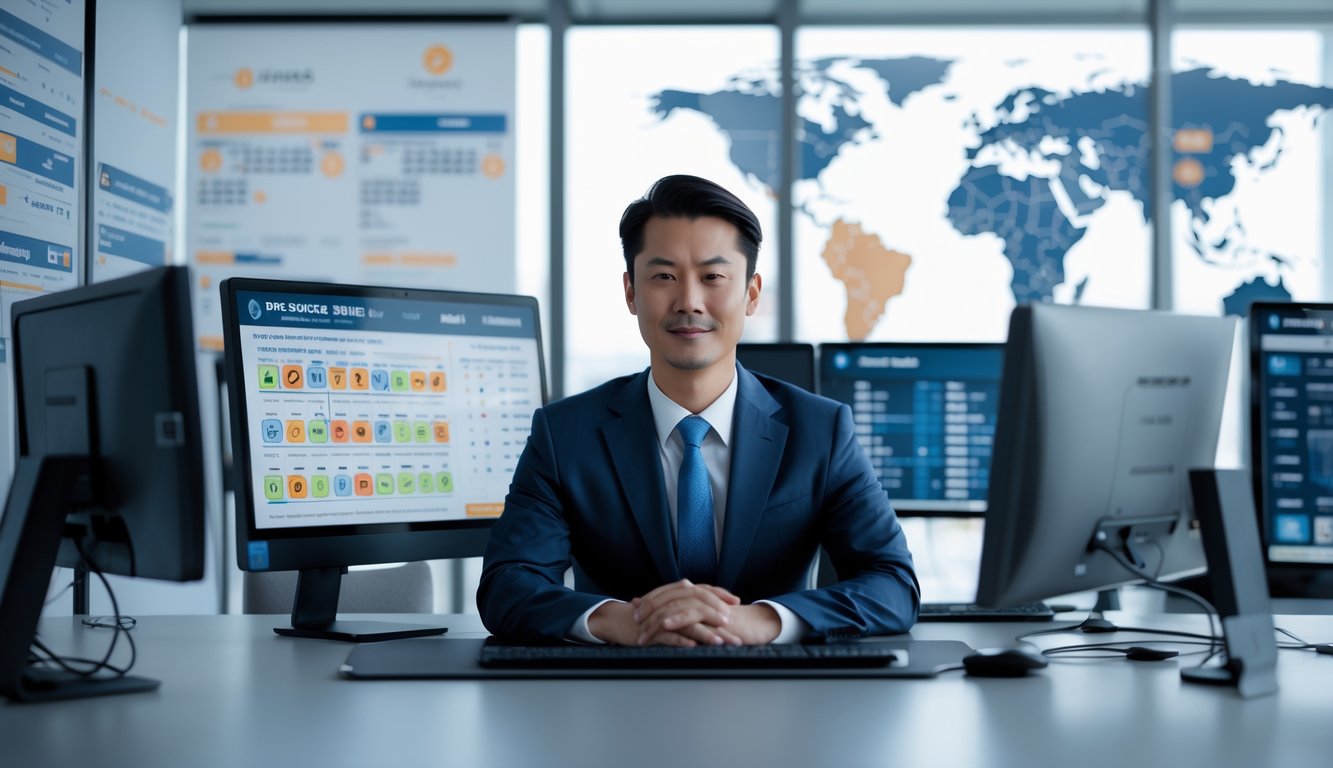 Seorang pebisnis Asia yang percaya diri duduk di meja kerja dengan beberapa monitor komputer menampilkan angka togel dan grafik, di kantor modern yang terang dan profesional.