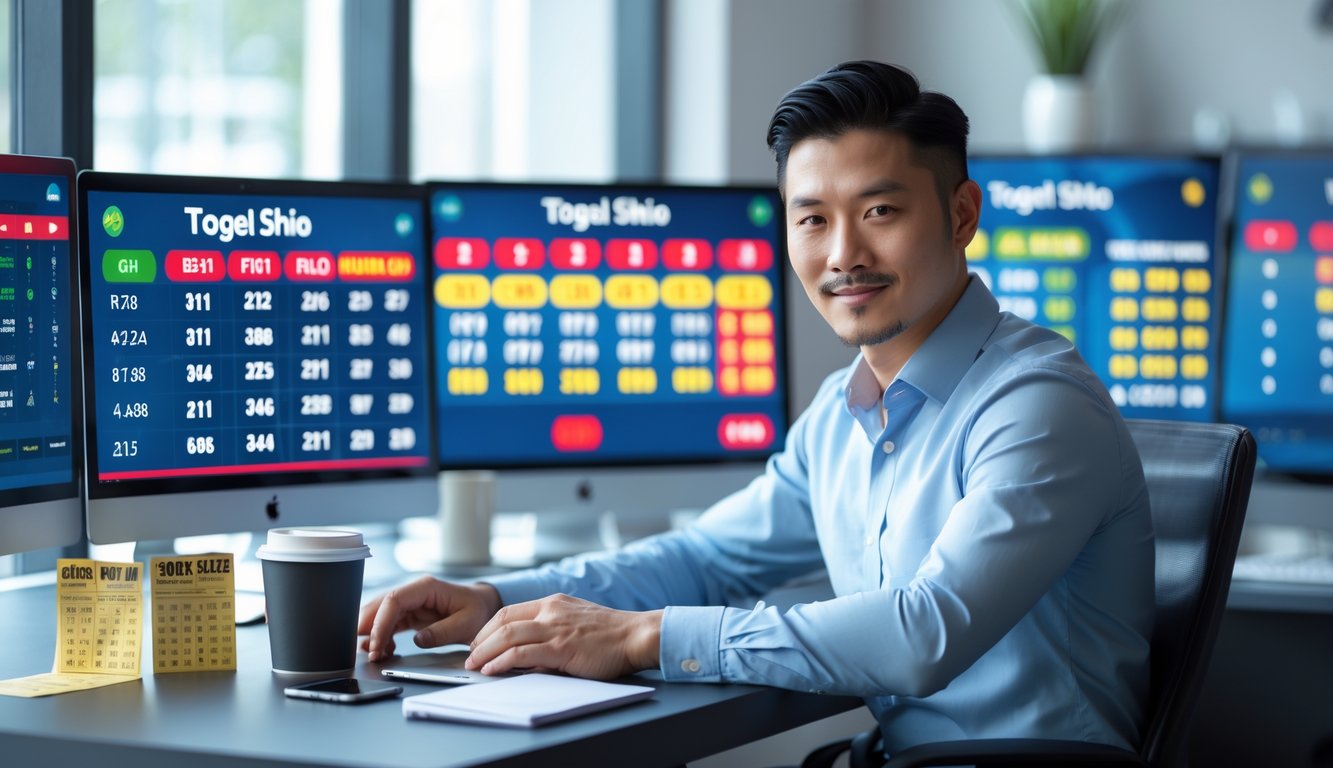 Seorang pria Asia duduk di meja kantor modern dengan beberapa layar komputer yang menampilkan angka togel, terlihat fokus dan percaya diri.