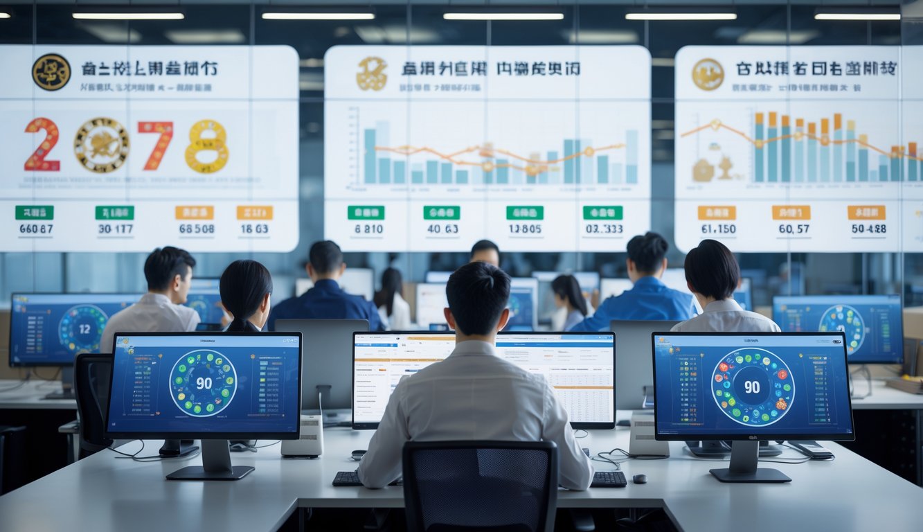 Sejumlah profesional bekerja di kantor modern dengan layar digital menampilkan grafik dan simbol shio terkait togel.