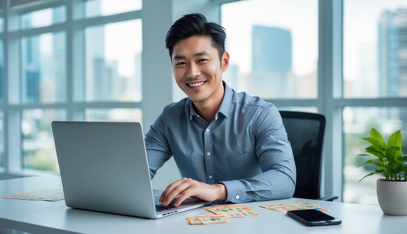 Seorang pria muda duduk di meja kantor dengan laptop, tiket lotre, dan ponsel, tersenyum di ruangan terang dengan pemandangan kota di belakangnya.