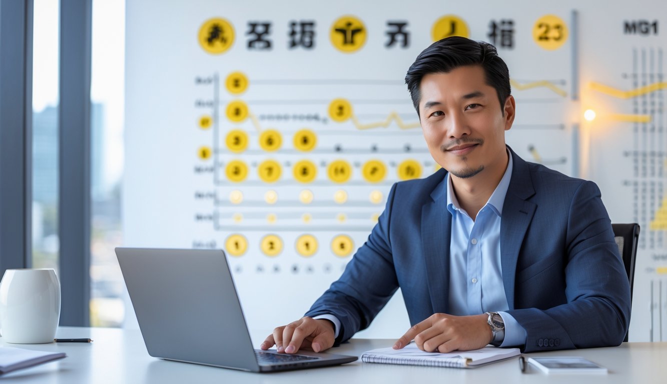 Seorang pria Asia duduk di meja kantor modern sambil menganalisis data dan grafik dengan ekspresi percaya diri.