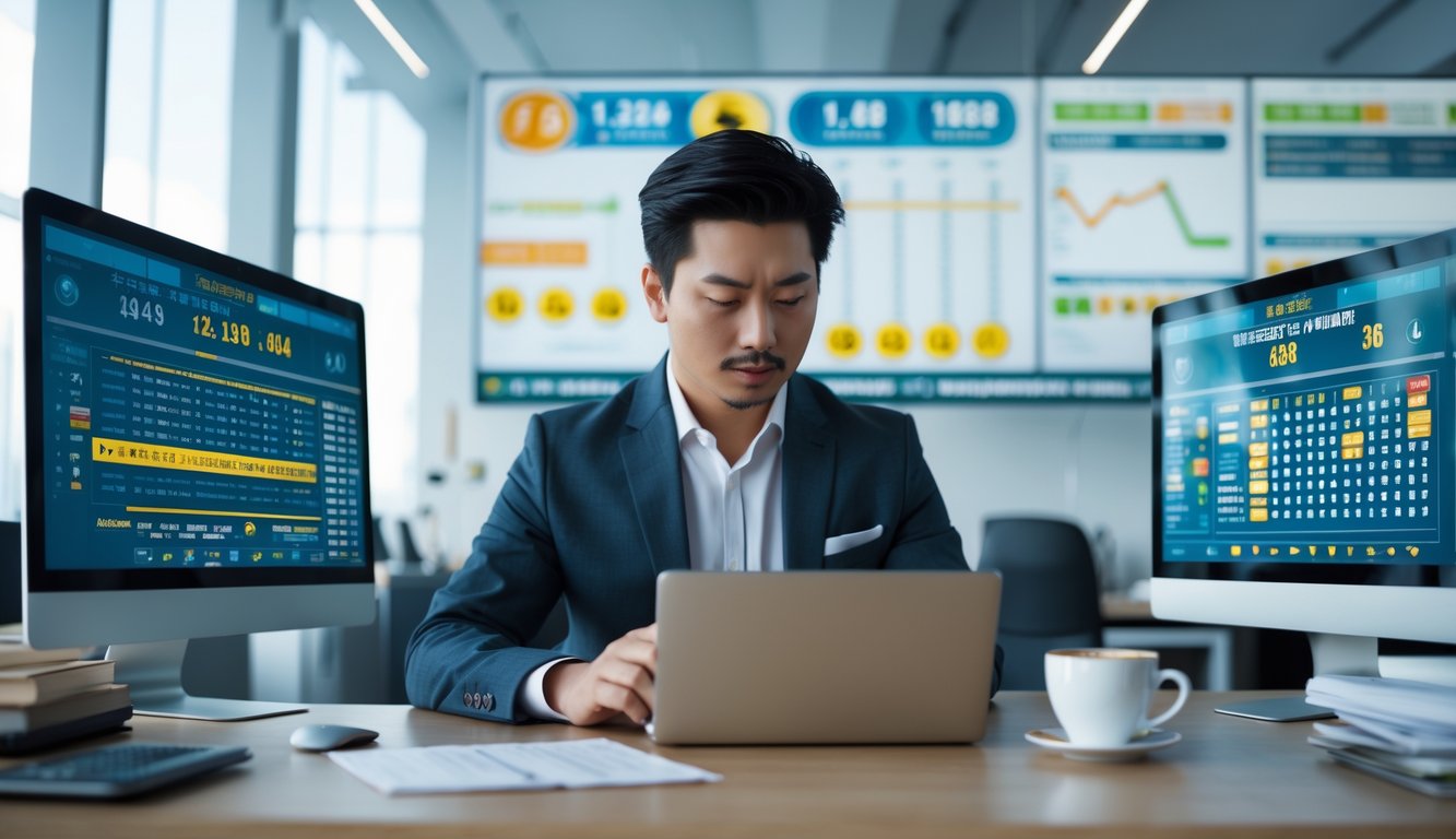 Seorang pria Asia duduk di kantor modern sambil menganalisis statistik lotre di beberapa layar komputer.