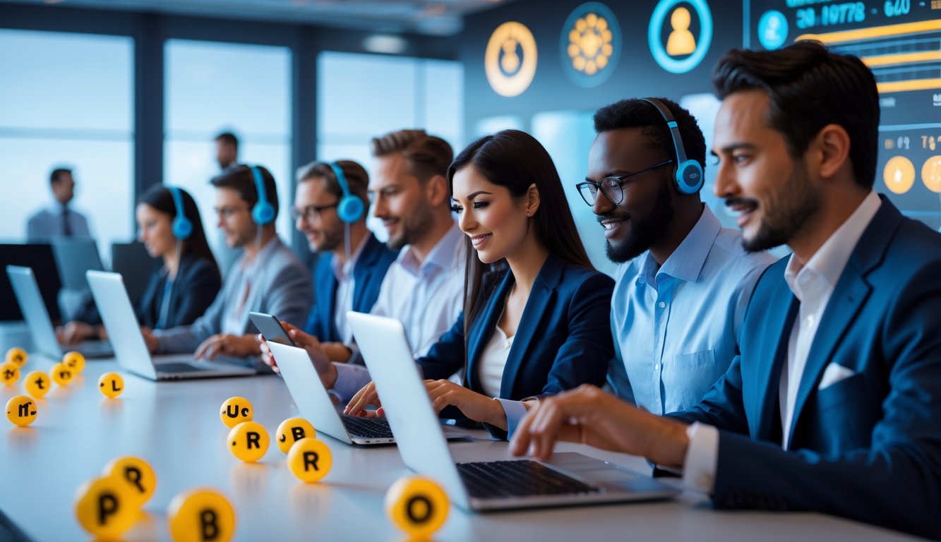 Beberapa orang dewasa menggunakan perangkat digital di ruang kantor modern dengan elemen simbol keberuntungan dan layanan pelanggan di latar belakang.