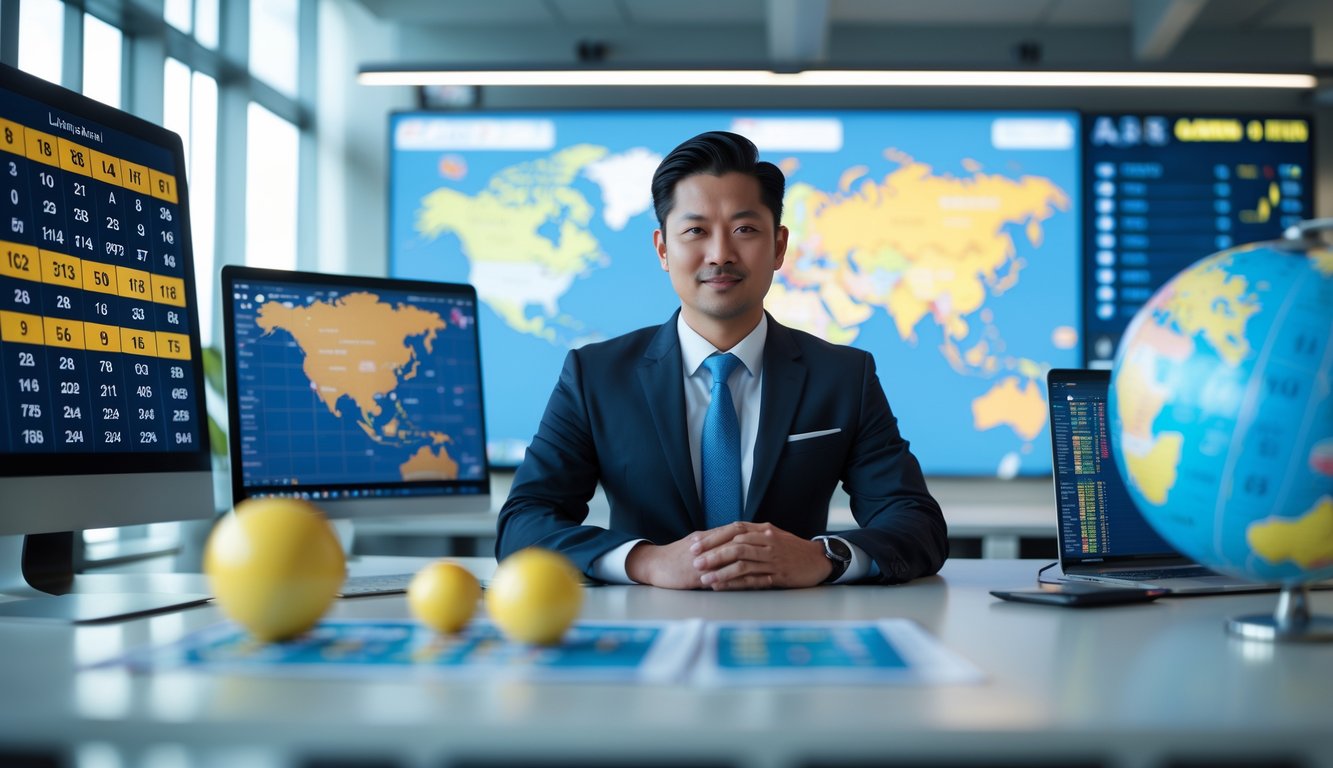 Seorang pebisnis percaya diri di kantor modern dengan layar digital yang menampilkan angka togel, peta dunia, dan grafik keuangan.