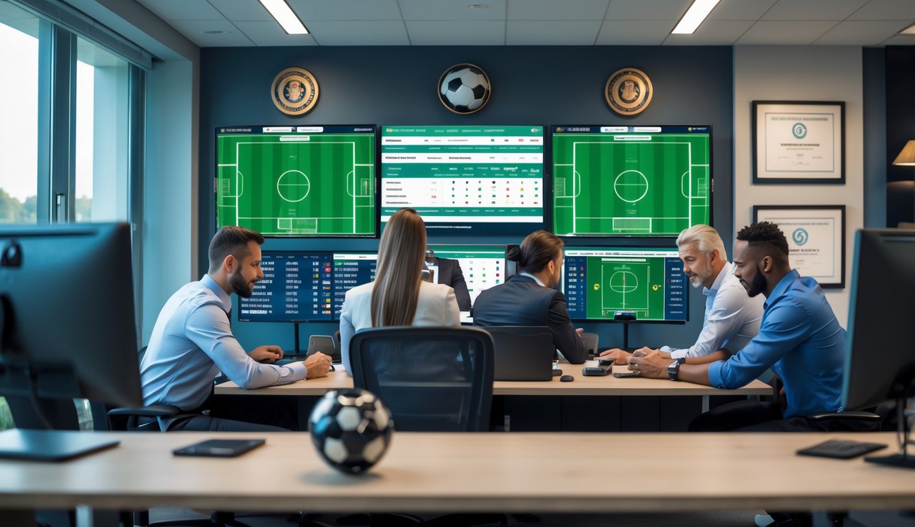 Orang-orang sedang menganalisis data dan memasang taruhan sepak bola di sebuah kantor modern dengan monitor besar yang menampilkan statistik pertandingan.