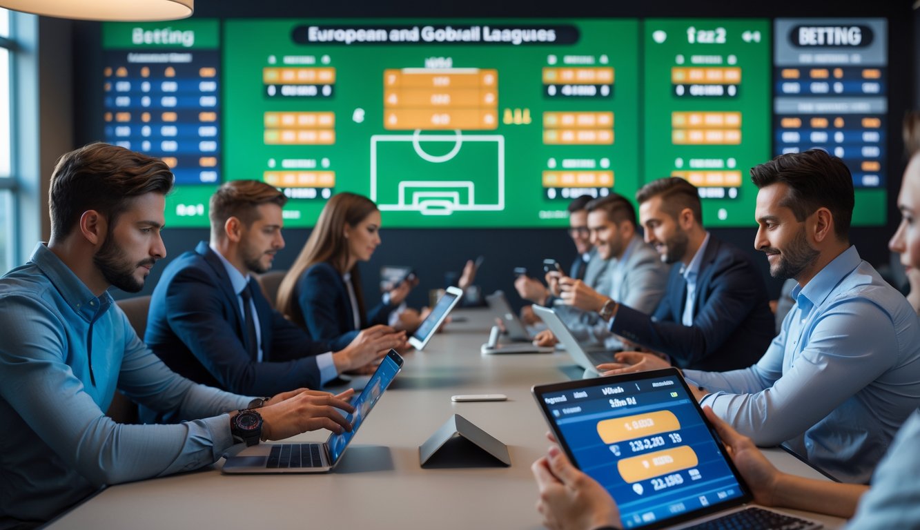 Orang-orang sedang memasang taruhan sepak bola menggunakan perangkat digital di ruang taruhan yang modern dan nyaman.