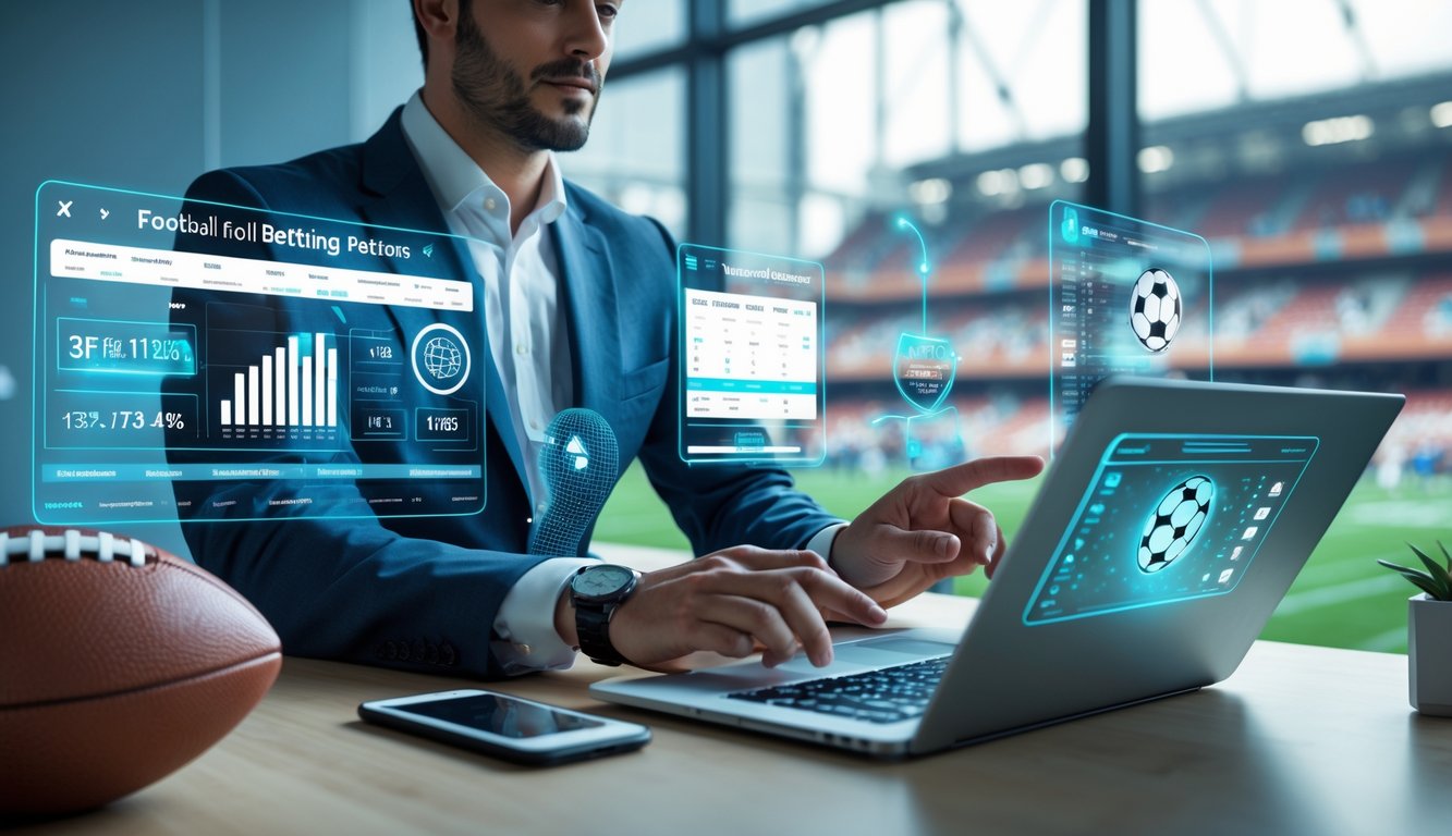 Seorang profesional sedang menganalisis data taruhan sepak bola di depan beberapa layar digital di kantor modern.