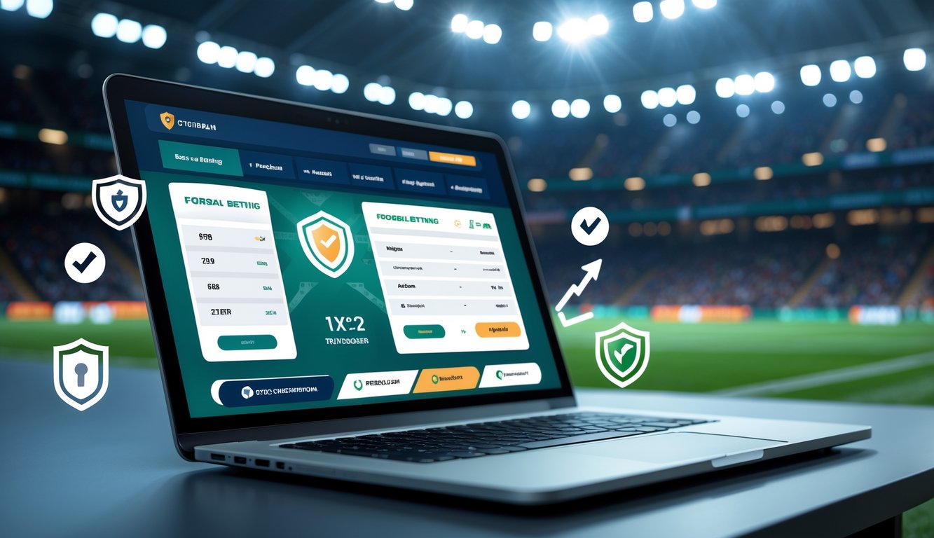 Sebuah ruang kerja modern dengan laptop yang menampilkan antarmuka taruhan sepak bola, dikelilingi simbol keamanan seperti gembok dan ikon perisai, dengan latar belakang stadion sepak bola yang samar.