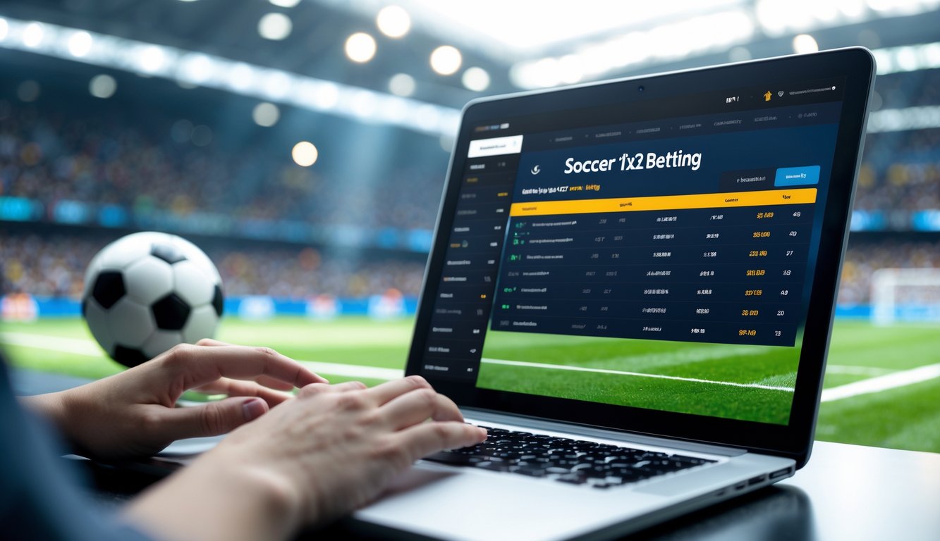 Seseorang menggunakan laptop atau ponsel untuk memasang taruhan sepak bola dengan latar belakang bola sepak dan lampu stadion.