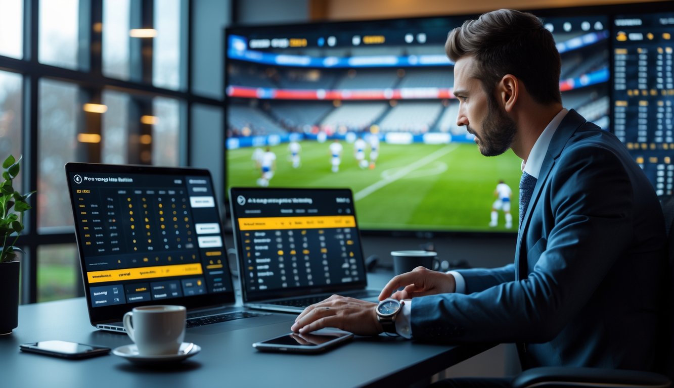 Seorang profesional sedang menganalisis taruhan sepak bola di depan beberapa layar digital dalam ruangan kerja modern.