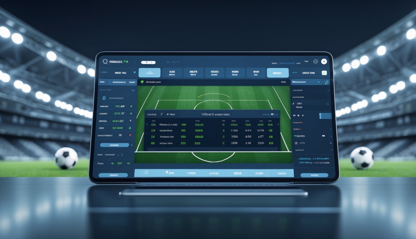Layar perangkat digital menampilkan skor langsung pertandingan sepak bola dengan latar belakang elemen sepak bola dan simbol kepercayaan.