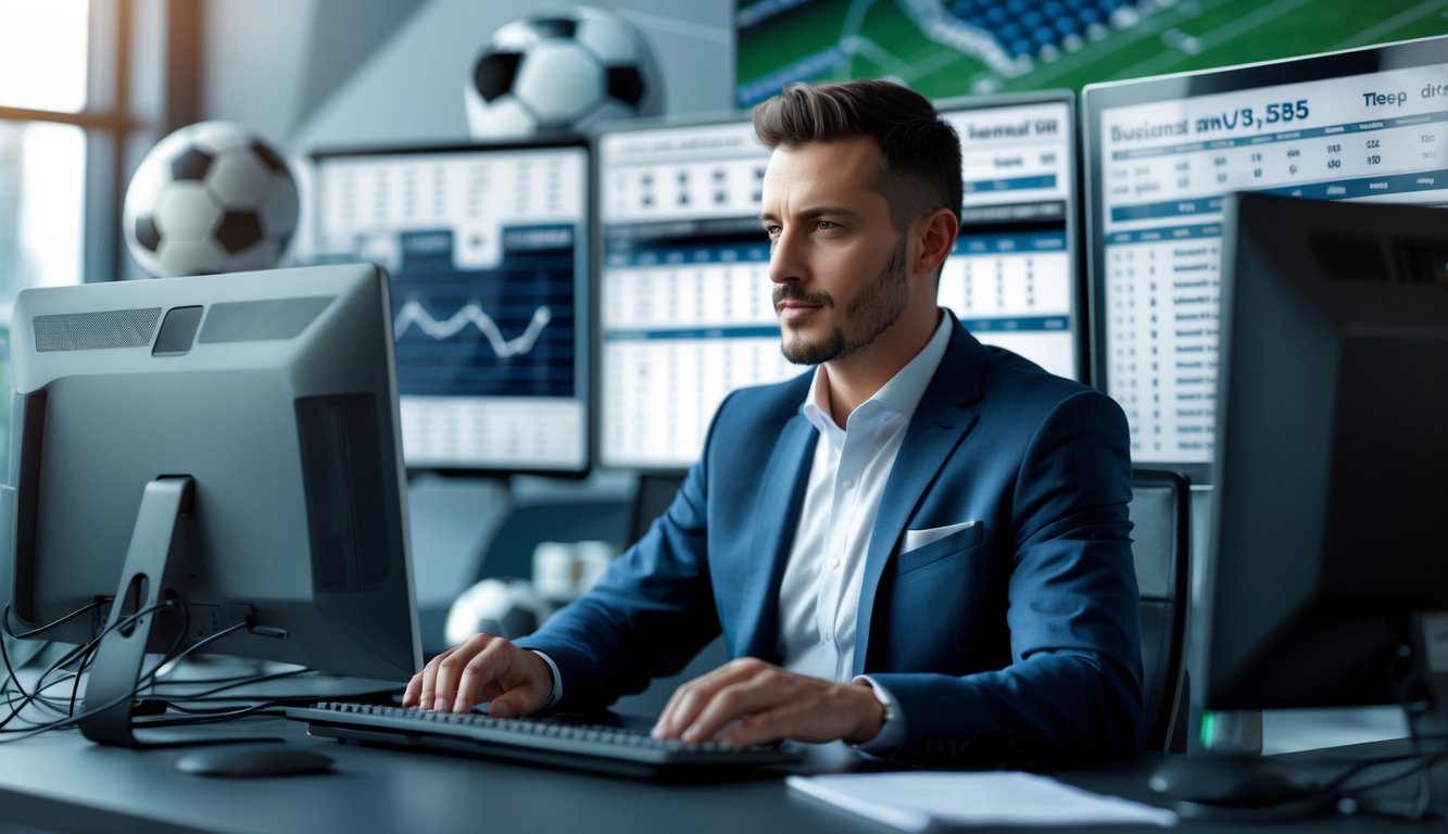 Seorang pria bisnis sedang melihat layar komputer dengan data taruhan sepak bola di kantor modern.