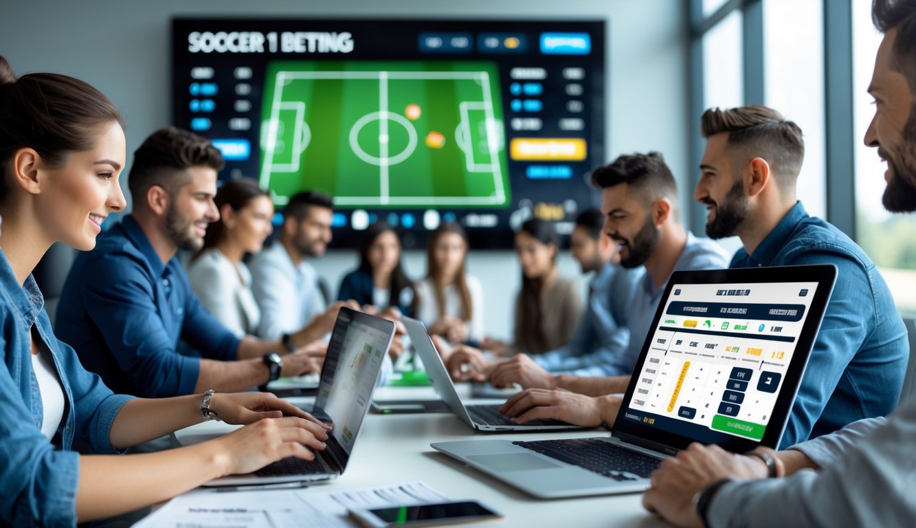 Orang-orang sedang menggunakan perangkat digital untuk bertaruh pada pertandingan sepak bola dengan suasana yang profesional dan fokus.