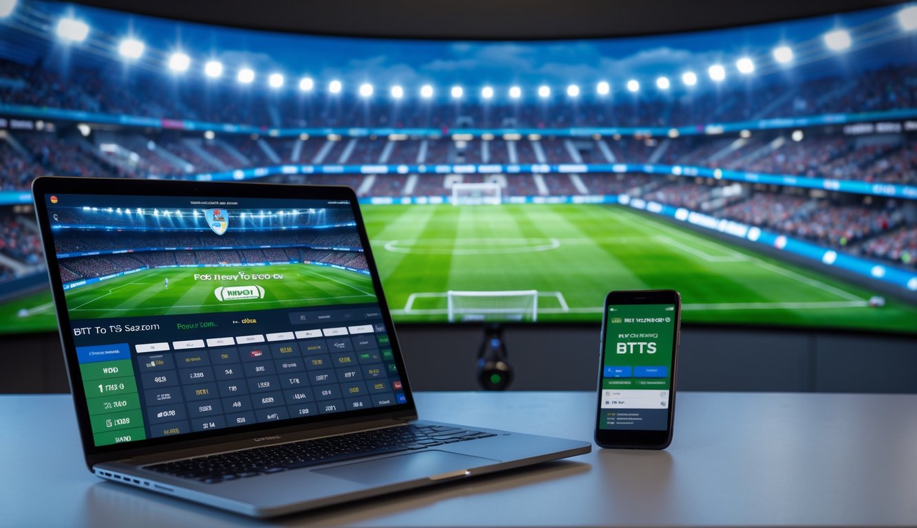 Suasana modern dengan layar digital menampilkan statistik pertandingan sepak bola Eropa dan pilihan taruhan dengan odds tinggi, di latar belakang stadion sepak bola yang ramai.