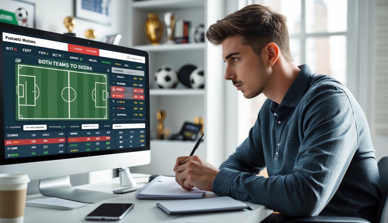 Seorang pria muda duduk di meja dengan komputer menampilkan statistik sepak bola dan peluang taruhan, sambil mencatat di buku catatan.