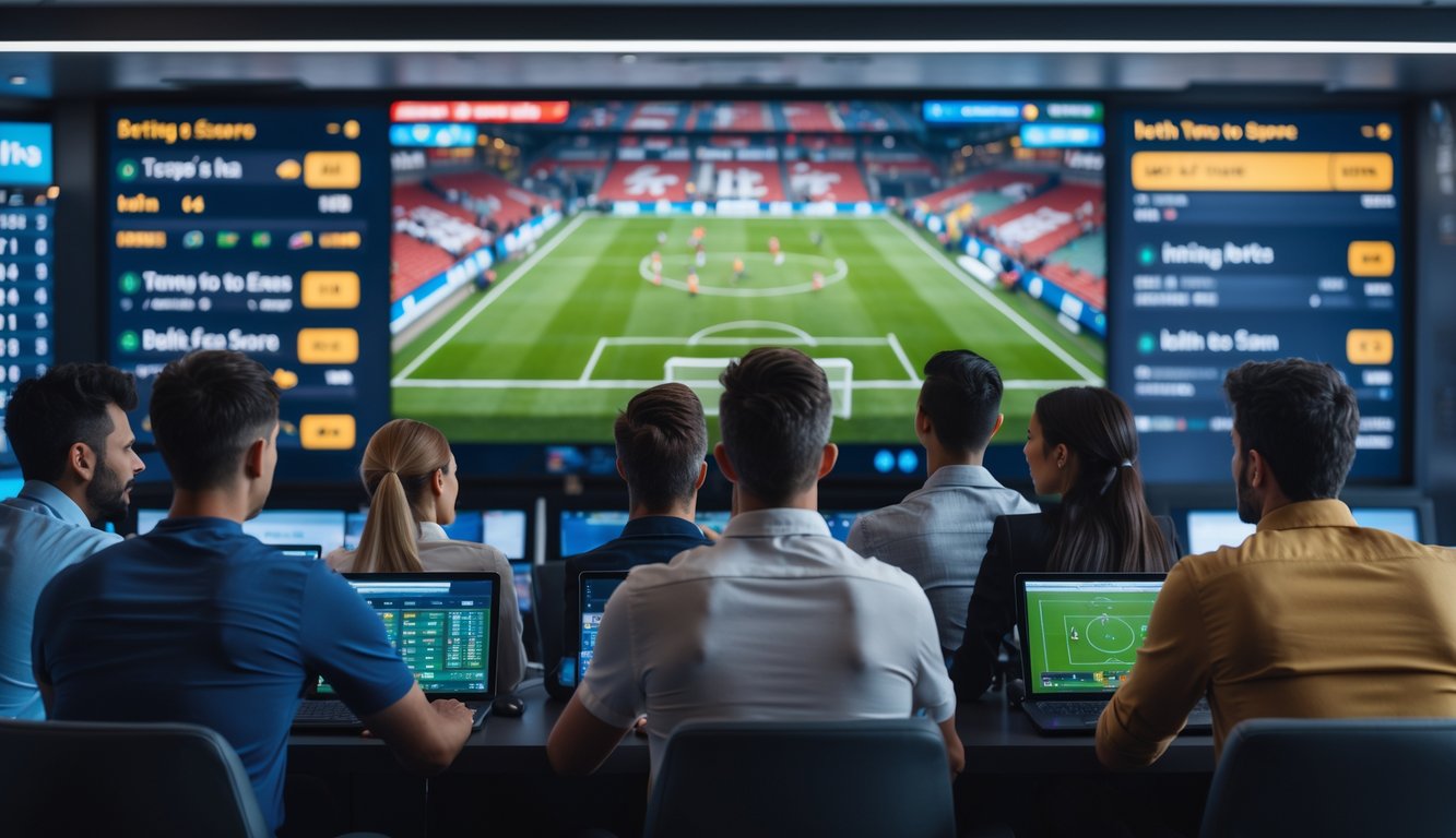 Sekelompok orang menonton pertandingan sepak bola di layar besar dengan suasana ruang taruhan olahraga yang modern dan ramai.