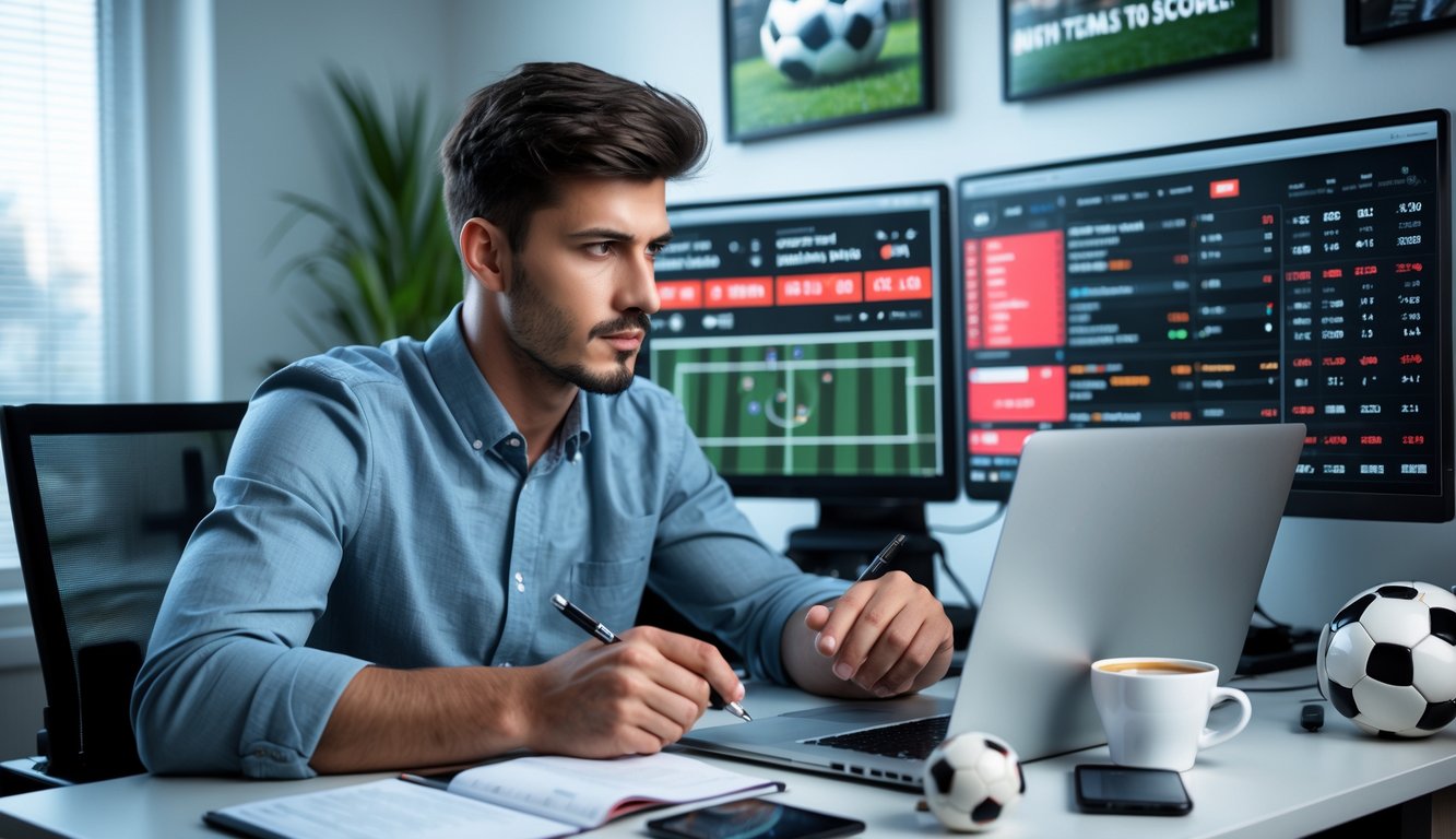 Seorang pria muda sedang duduk di meja dengan beberapa layar yang menampilkan statistik pertandingan sepak bola dan peluang taruhan, sambil mencatat dan fokus menganalisis strategi taruhan.